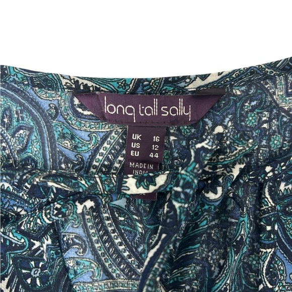 Long Tall Sally Navy Blue Pattern Sheer Tunic Bohemian Top Size 12 LTS - Picture 8 of 13